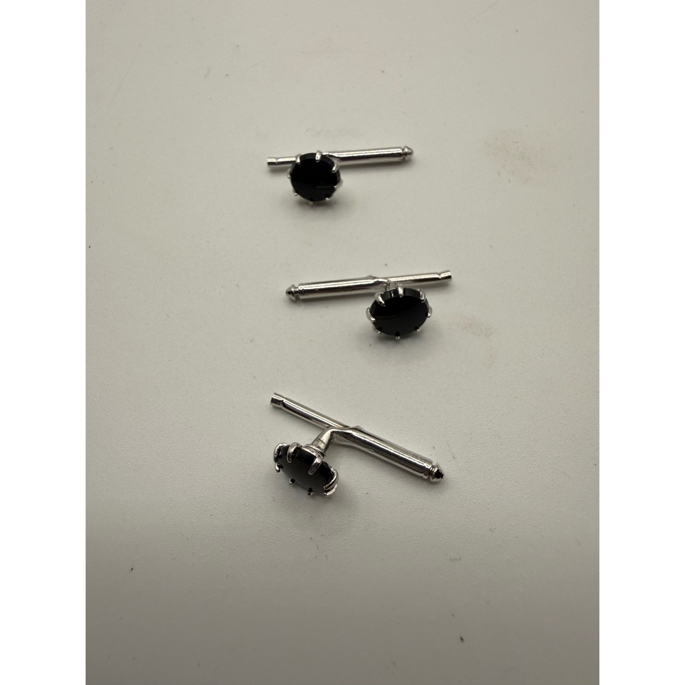 Vintage Silver Tone Black Onyx Style Tuxedo Shirt Studs Set of 3 Formal‎ Wear